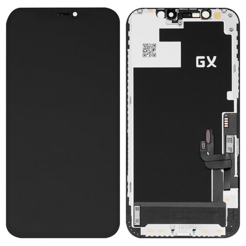 Дисплей для iPhone 12, iPhone 12 Pro, черный, с рамкой, HC, с пластиками камеры и датчика приближения, OLED , GX OEM hard