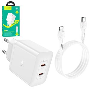 Мережевий зарядний пристрій Hoco N35, 45 Вт, Power Delivery PD , білий, з кабелем USB тип C до Lightning для Apple, 2 порта, #6931474797223