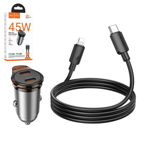 Автомобильное зарядное устройство Hoco NZ16B, черное, Power Delivery PD , c кабелем USB тип C к Lightning для Apple, 45 Вт, 2 порта, 12 24 B, #6942007644785