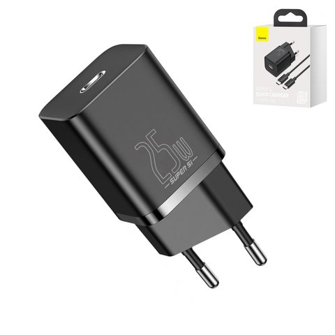 Сетевое зарядное устройство Baseus Super Si, Quick Charge, 220 В, черное, USB тип C, c кабелем USB тип C к USB тип C, 25 Вт, #TZCCSUP L01